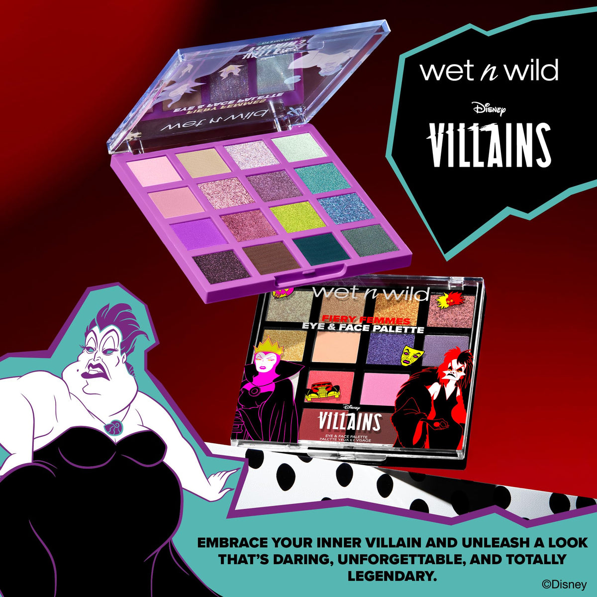wet n wild Disney Villains palette showing multiple finishes and colours