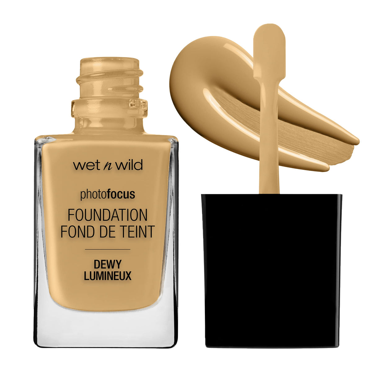 wet n wild Photo Focus Dewy Liquid Foundation front view, Desert Beige