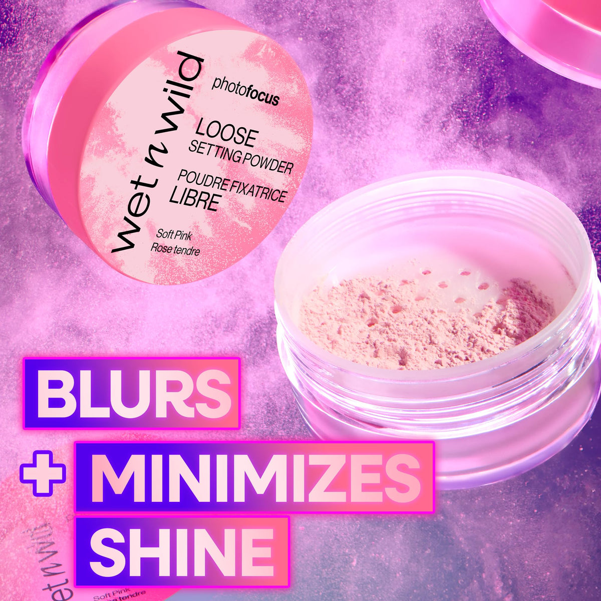 wet n wild Photo Focus Loose Setting Powder Soft Pink with makeup brushes