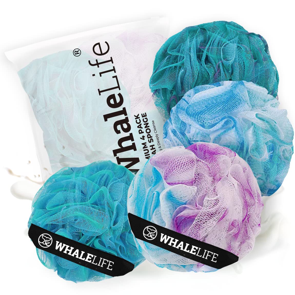 WhaleLife Loofah Sponge 4 Pack in blue, front view