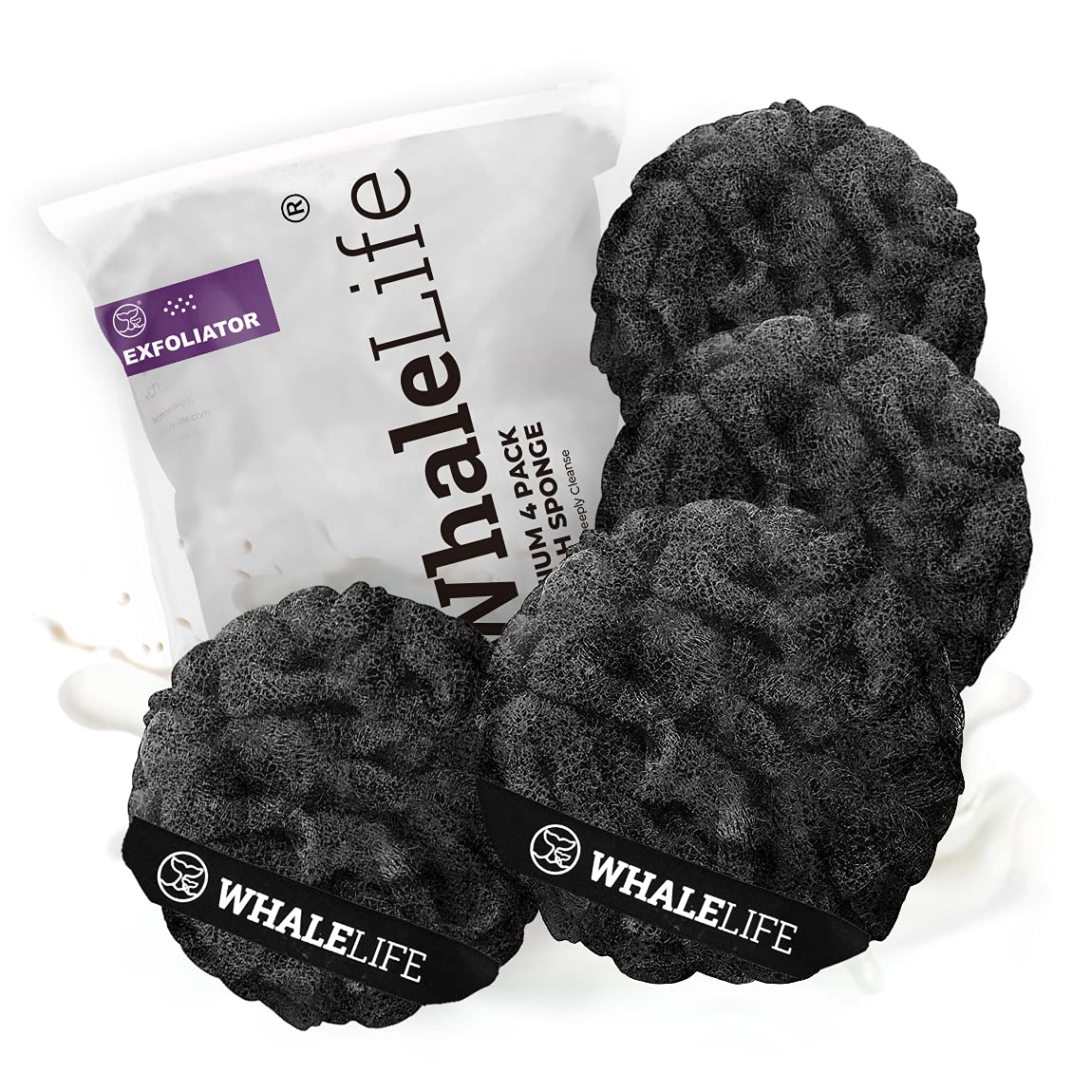 WhaleLife Loofah Sponge 4 Pack with black rough surface