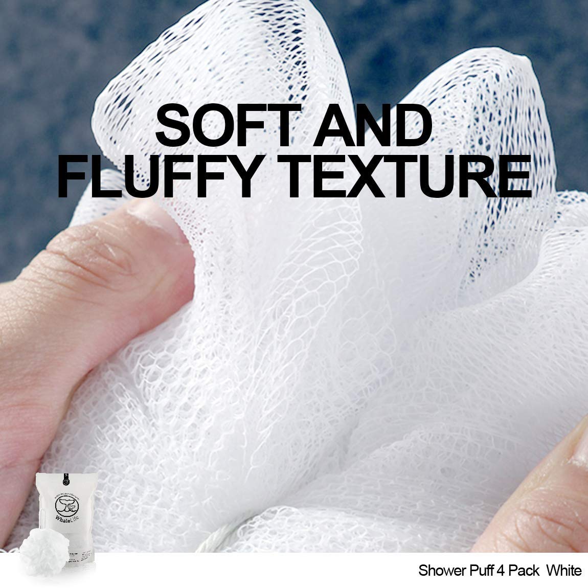WhaleLife loofah sponge pack showing four oversized puffs