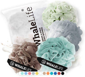 WhaleLife Loofah Sponge Set 4 Pack in Brown, Blue, Gray, Green