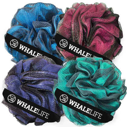 WhaleLife Loofah Sponge Set of 4 in purple, blue, red, and green