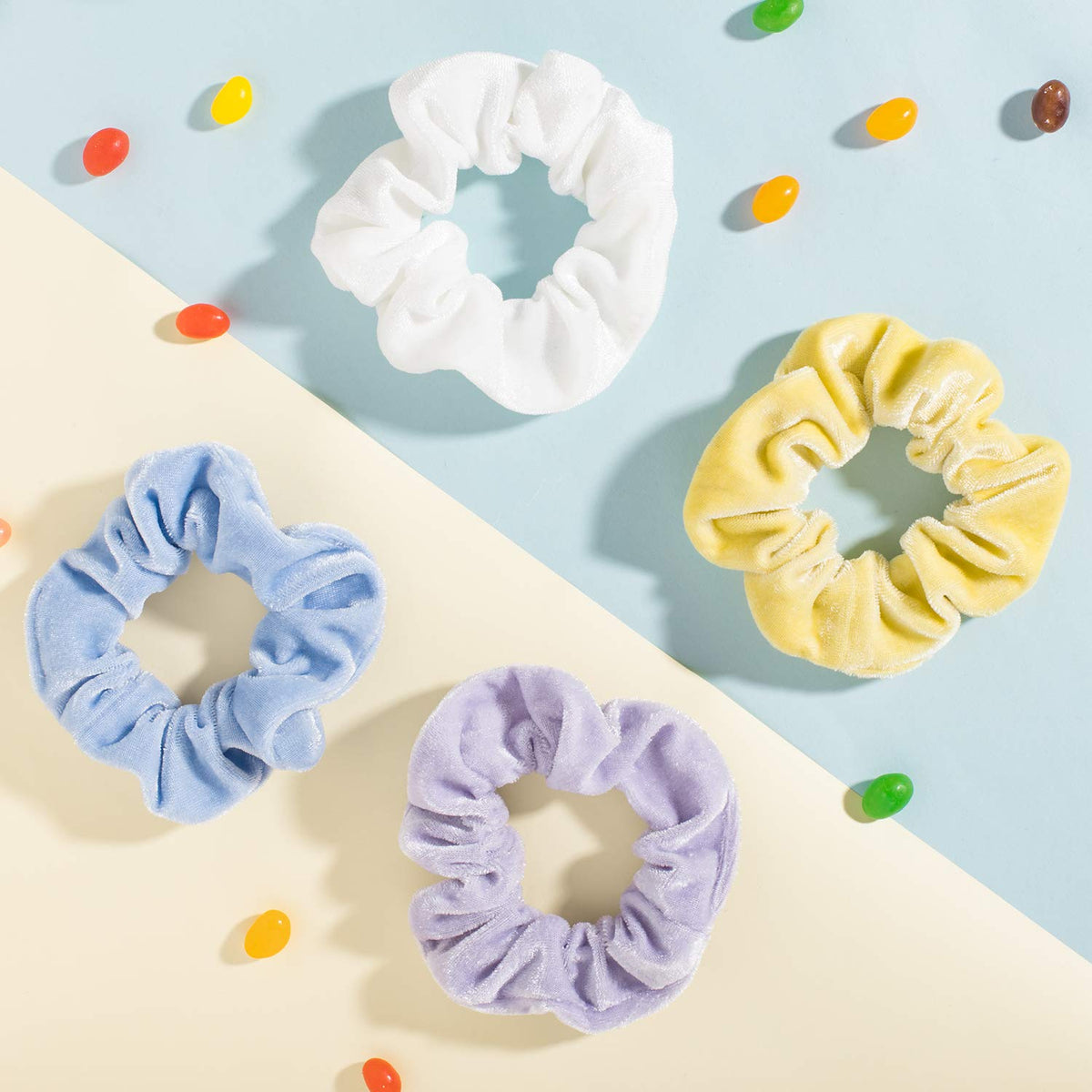 Whaline pastel velvet hair scrunchies with macaron theme