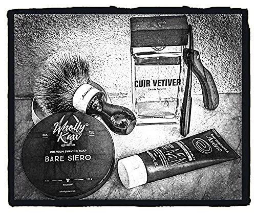 Wholly Kaw Unscented Shaving Soap on a wooden shelf
