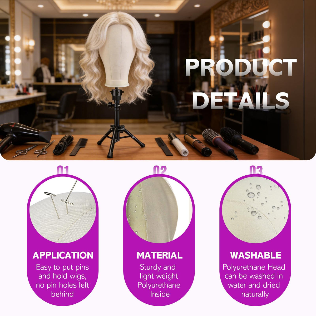 Wig stand set in carrying case for easy transport