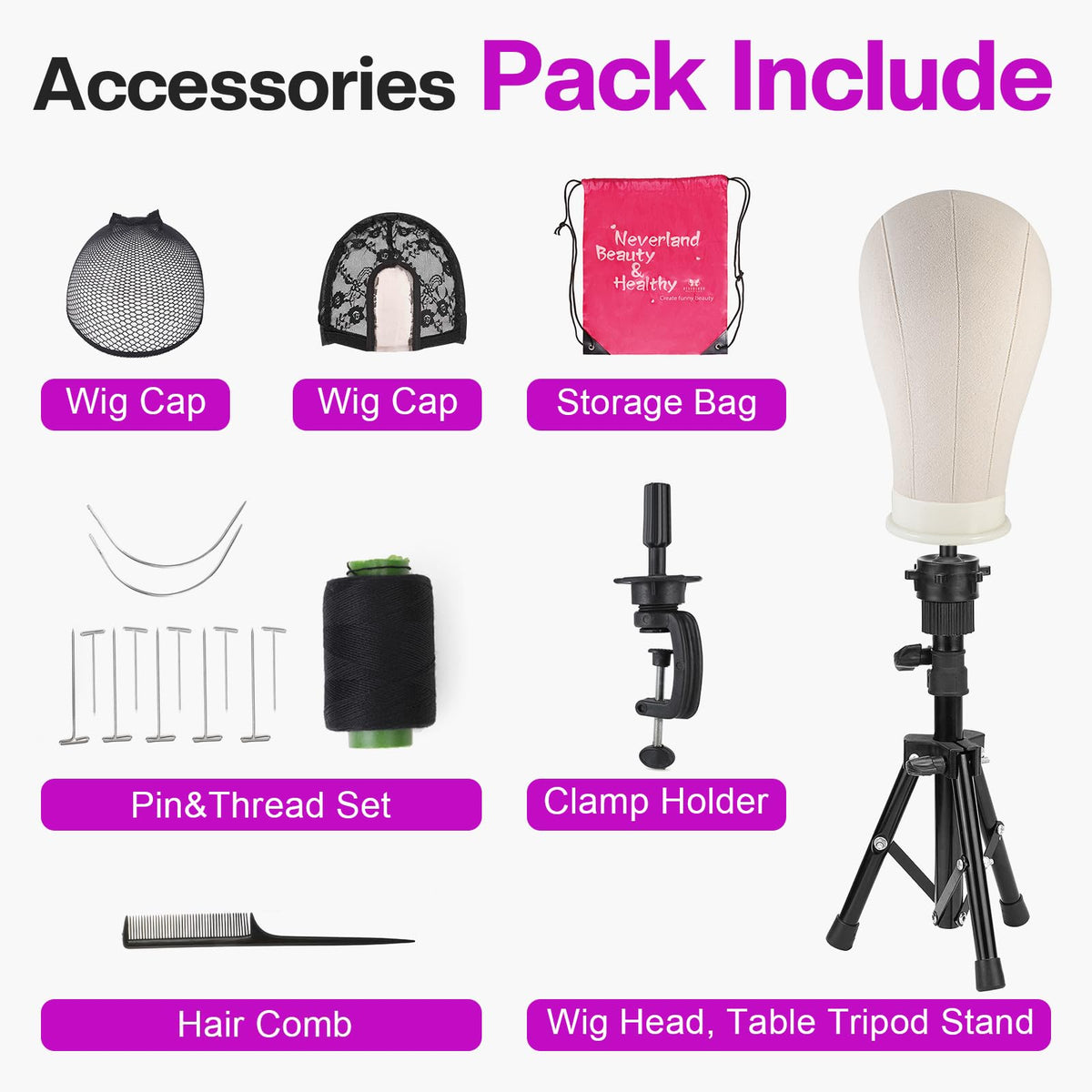 Wig styling setup with mannequin head and accessories