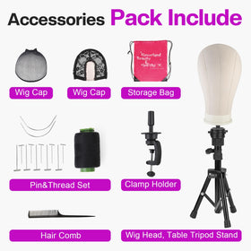 Wig styling setup with mannequin head and accessories