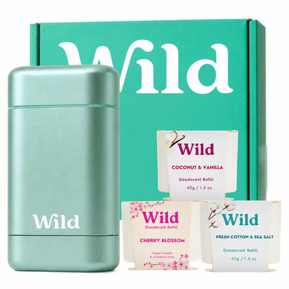 Wild Natural Deodorant Starter Kit Aqua case with three scent refills