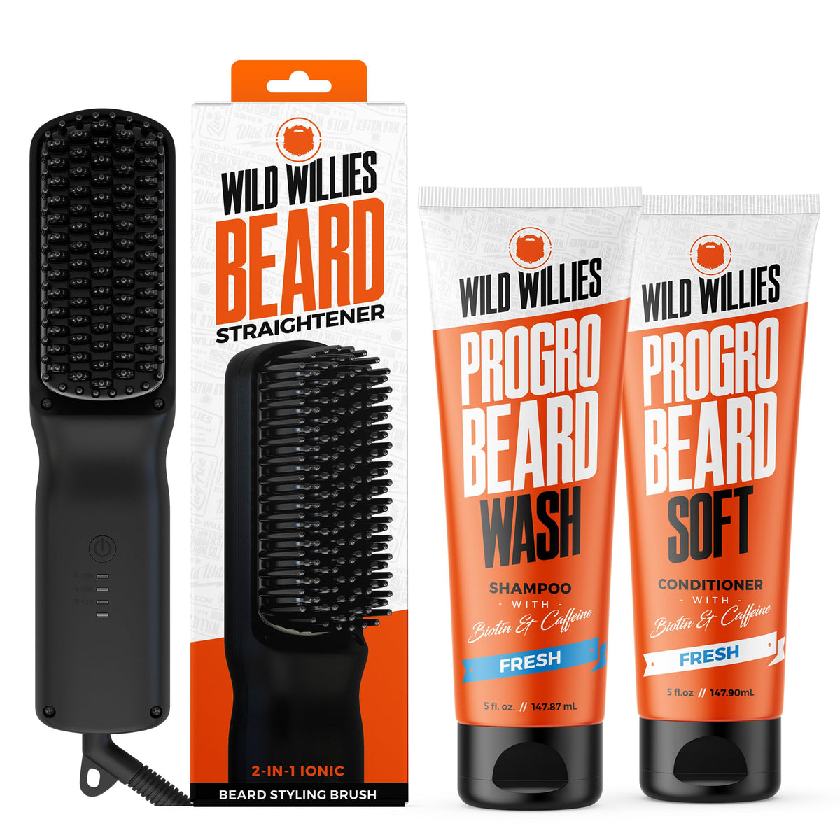 Wild Willies Beard Grooming Kit with shampoo, conditioner, and heated comb