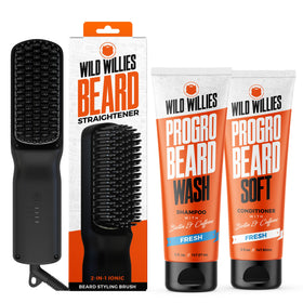 Wild Willies Beard Grooming Kit with shampoo, conditioner, and heated comb