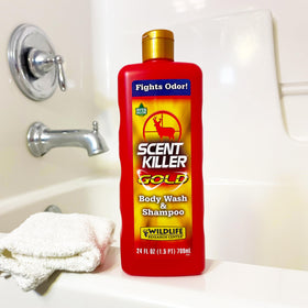 Wildlife Scent Killer Gold Body Wash and Shampoo with hunting gear
