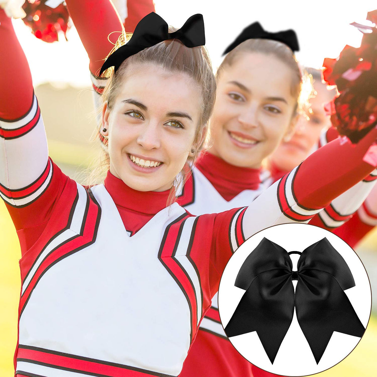 WILLBOND Jumbo Cheerleading Bow 8 Inch Black with ponytail holder