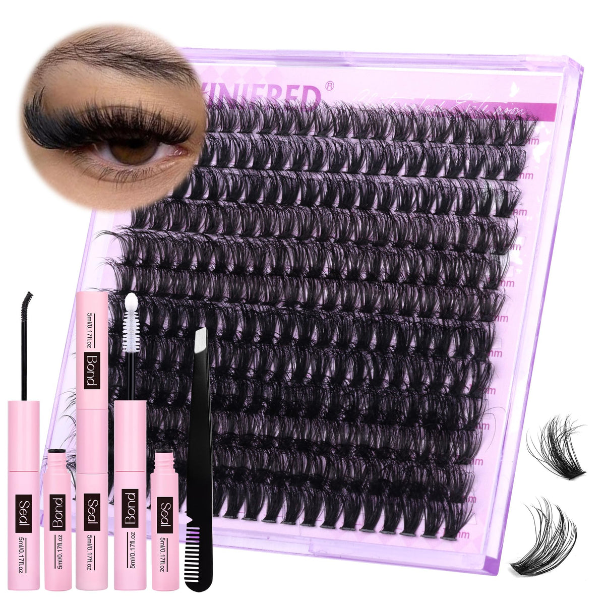 Winifred 50D Wispy Lash Clusters Kit front view with lash clusters and tweezers