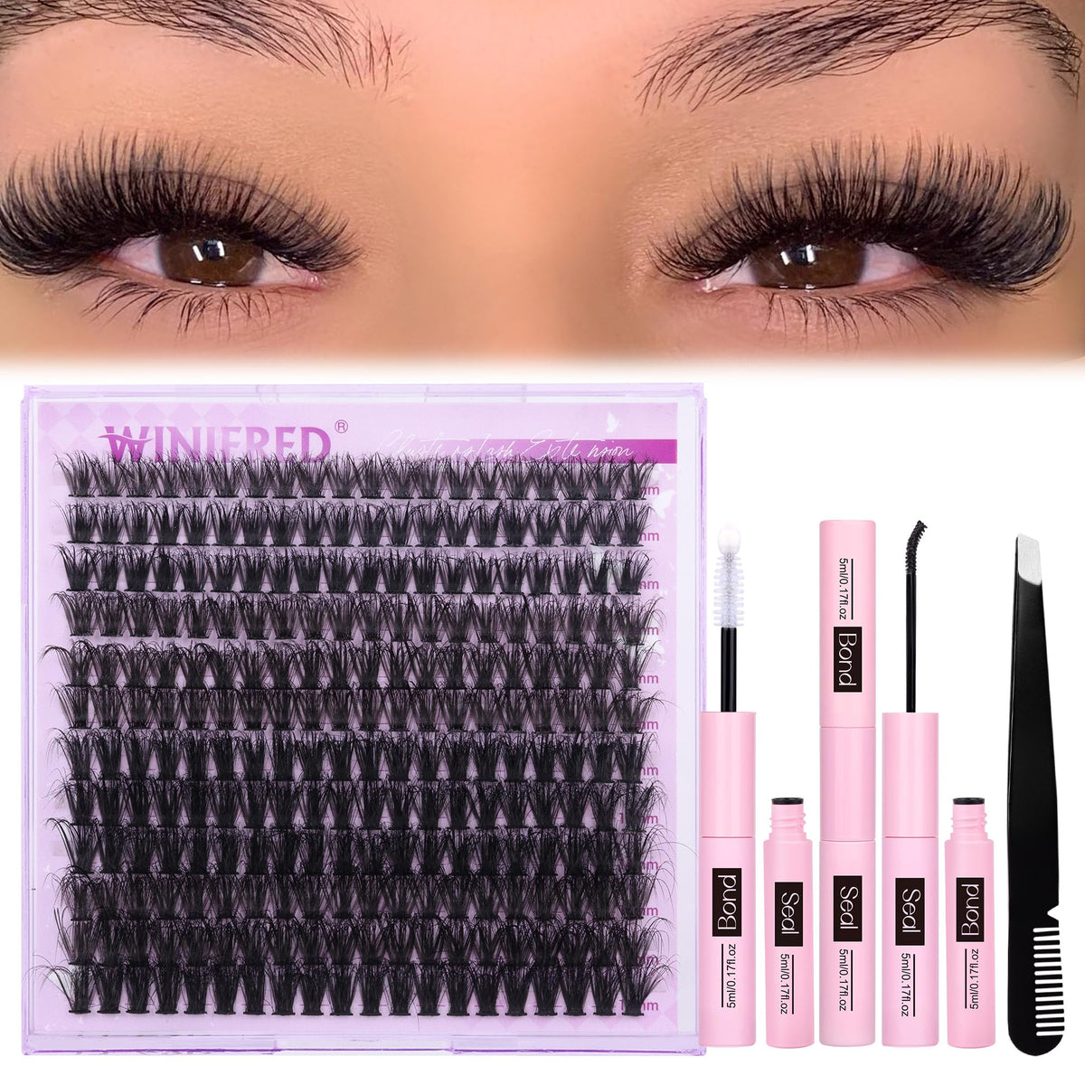 Winifred lash clusters kit contents laid out on a flat surface