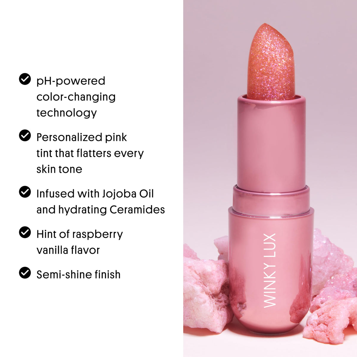 Winky Lux Pink Opal Glimmer Balm on a flat lay background