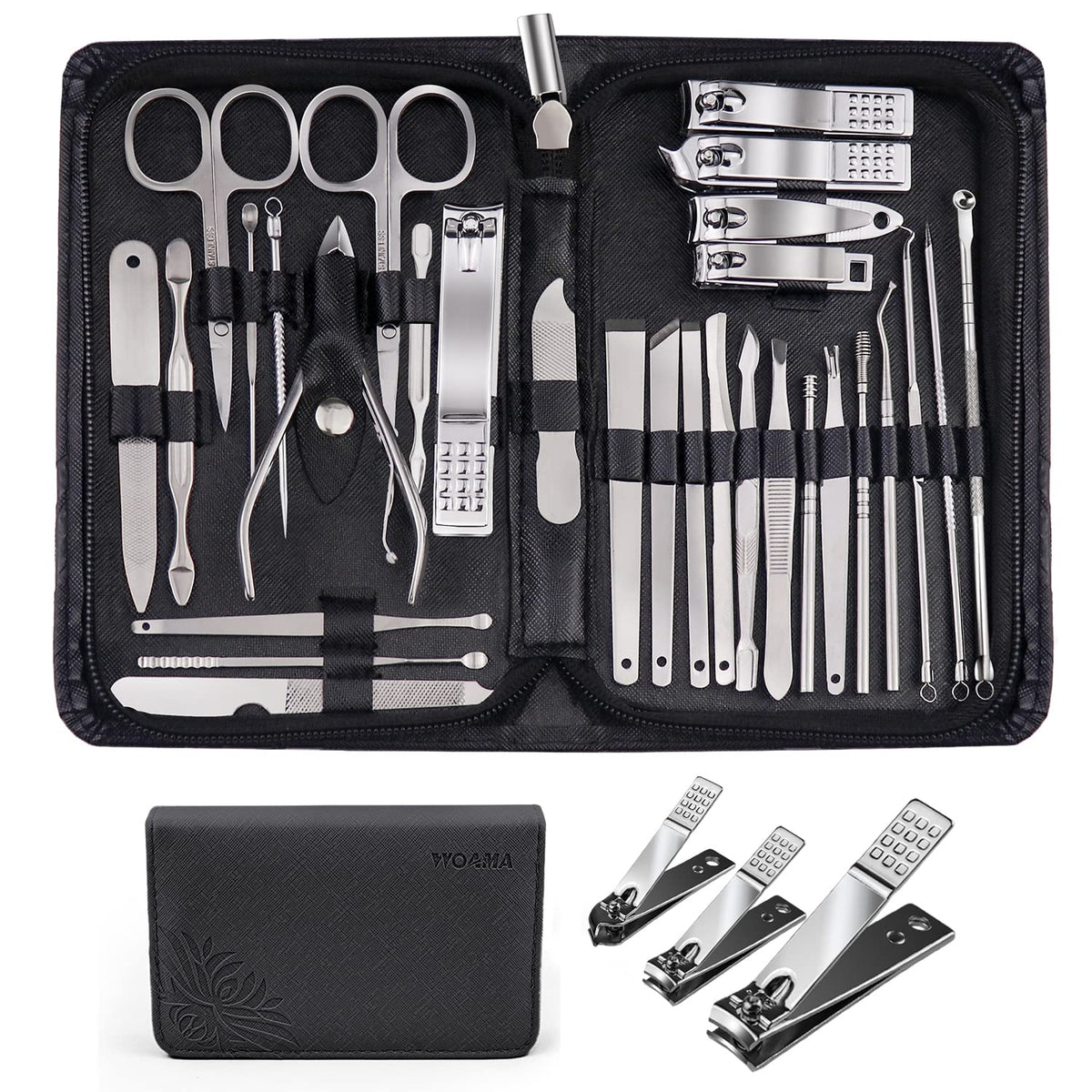 WOAMA 30 In 1 Manicure Set tools arranged in black leather case
