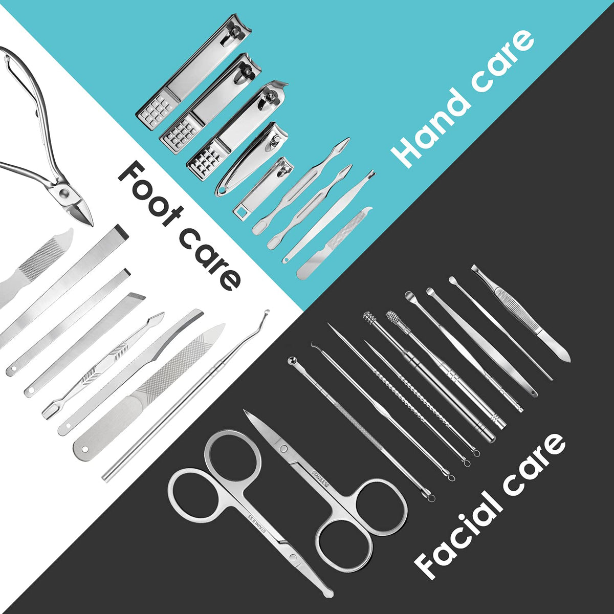 WOAMA manicure tools laid out on a wooden surface