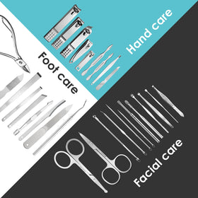 WOAMA manicure tools laid out on a wooden surface