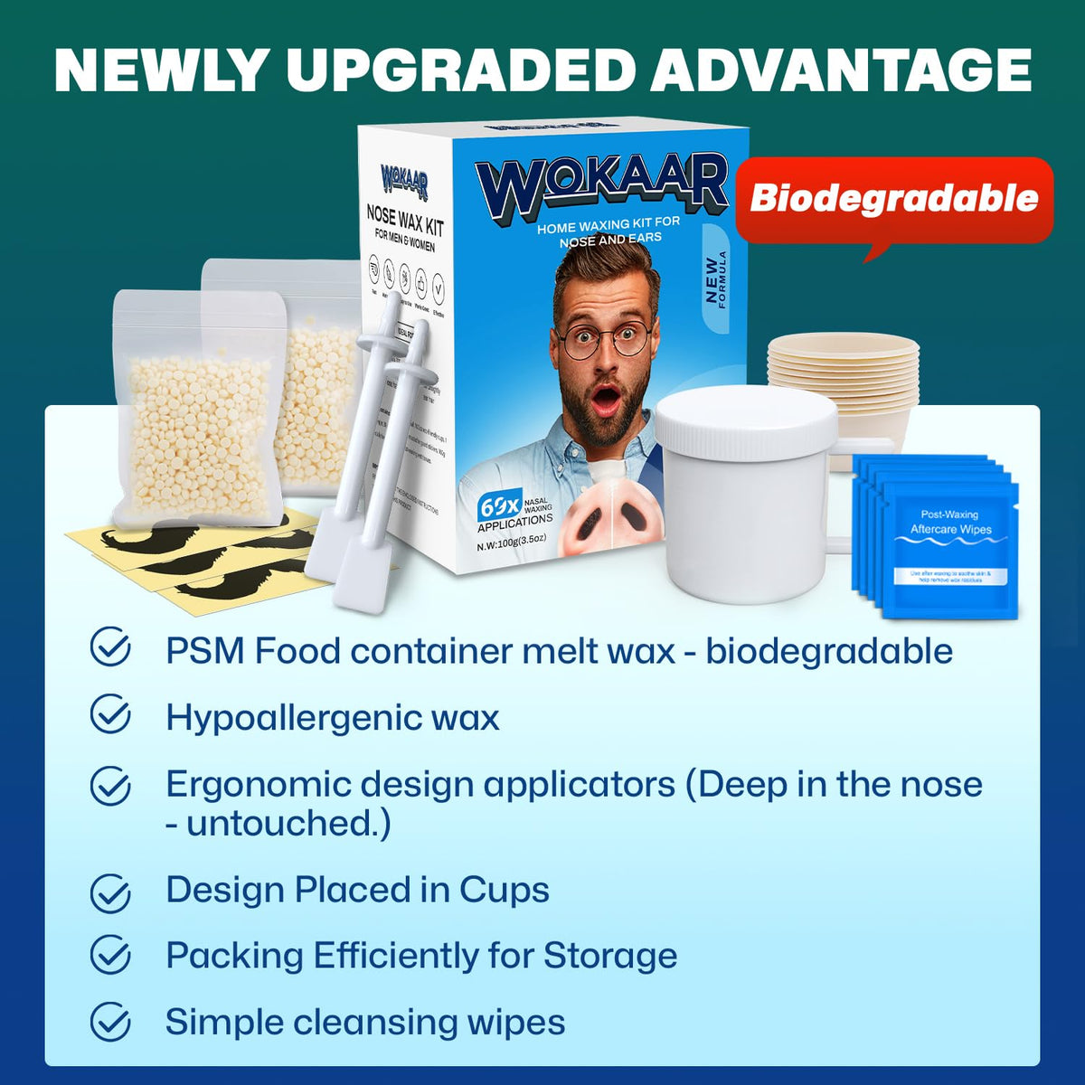 Wokaar Nose Wax Kit contents displayed on a table