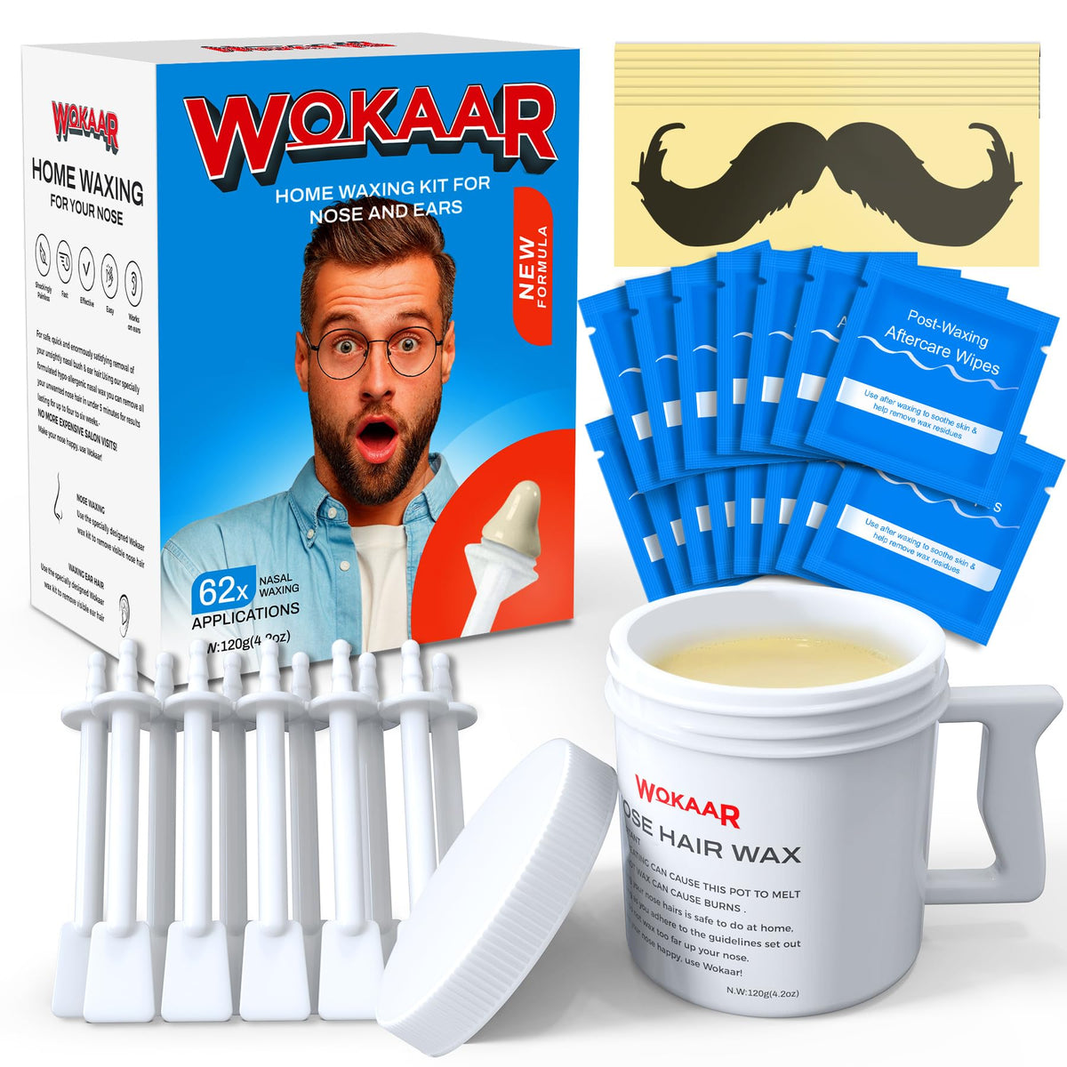 Wokaar Nose Wax Kit packaging front view with 100g wax and applicators