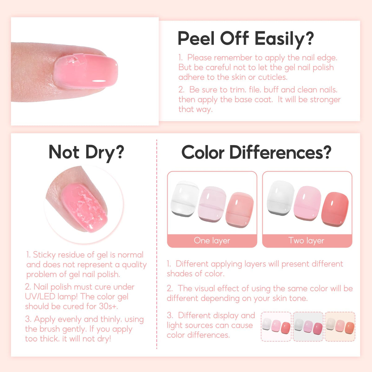 Woman applying nude gel nail polish from PEACECOLOR set