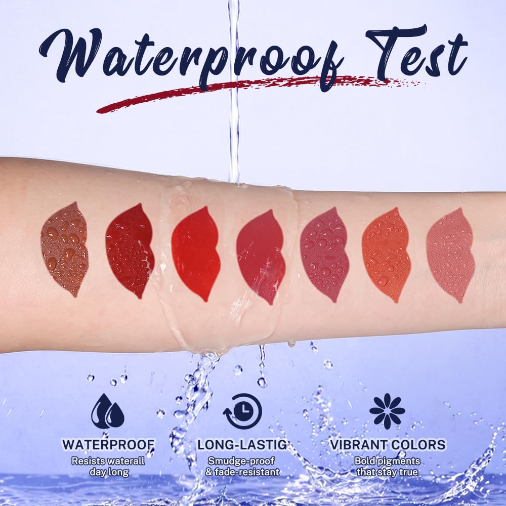 Woman applying QiBest matte liquid lipstick in a mirror