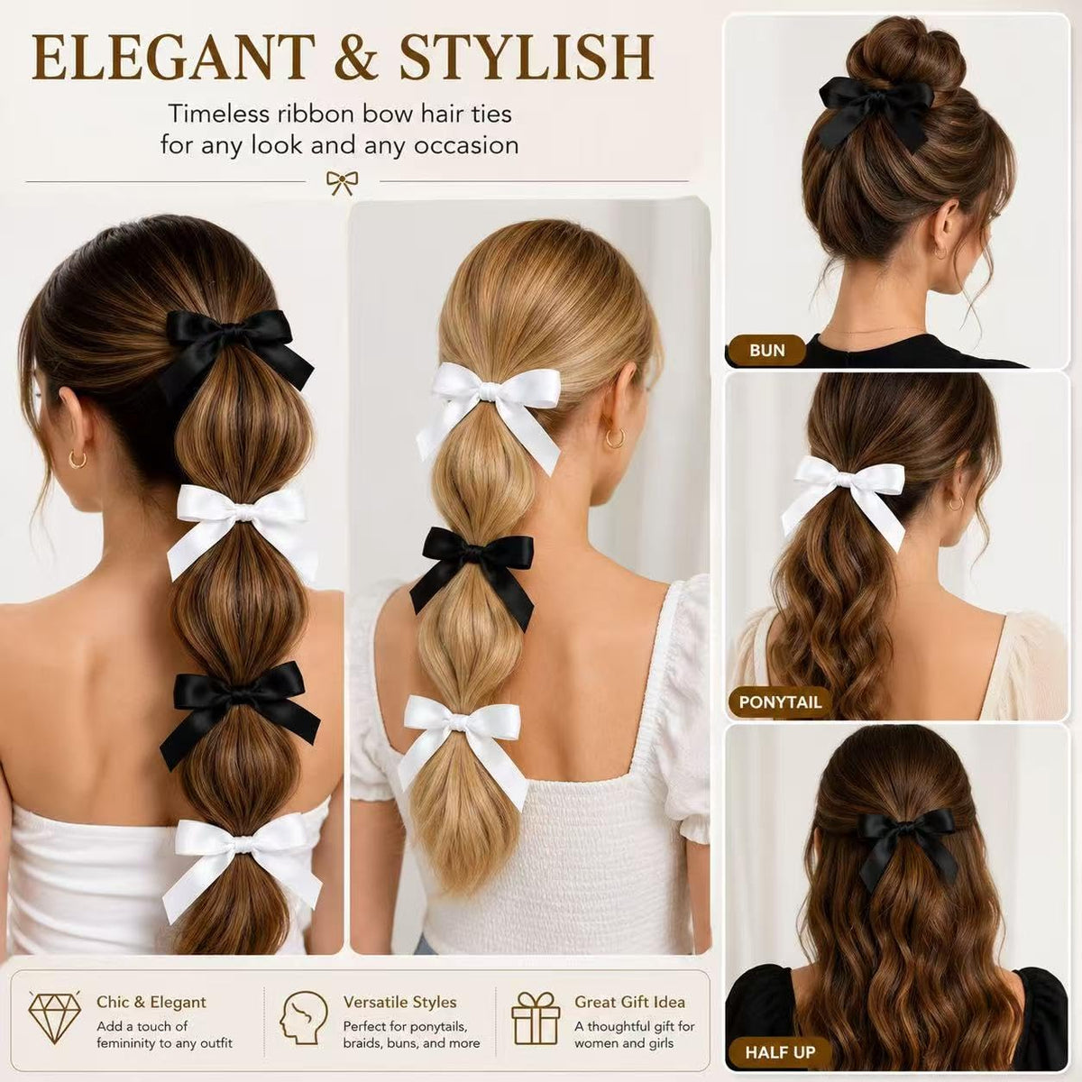 Woman using a black satin bow tie in a hairstyle
