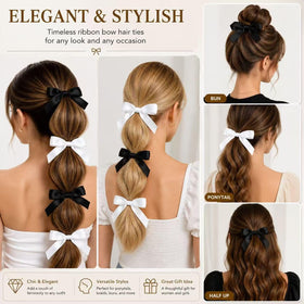 Woman using a black satin bow tie in a hairstyle