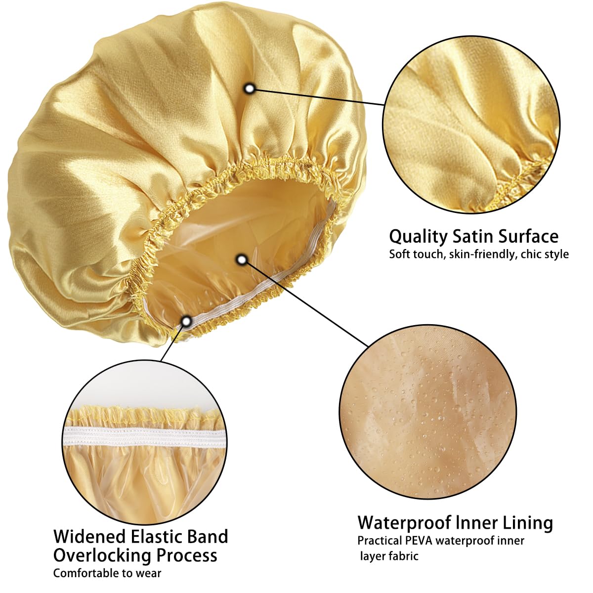 Woman wearing CHFONG shower cap while applying makeup