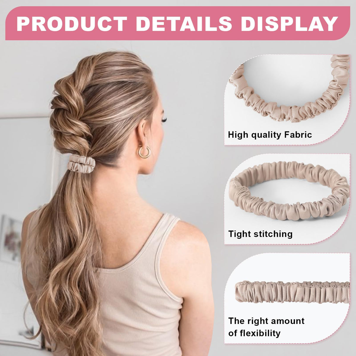 Woman wearing DEMZALO silk hair scrunchies in a high ponytail