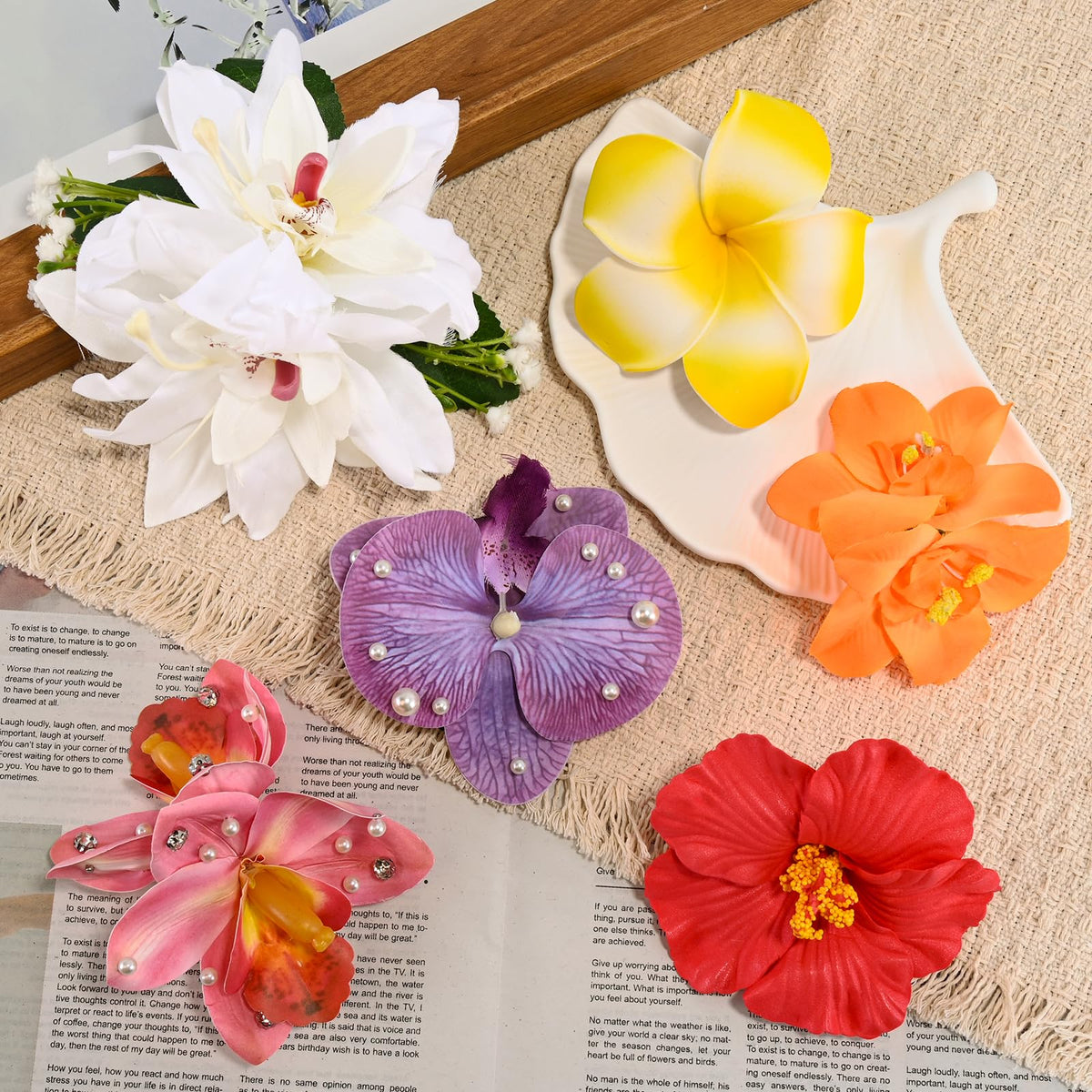 Woman wearing SAOROPEB Hawaiian Flower Hair Clips at the beach