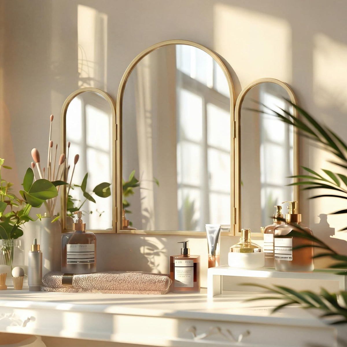 Wonderjune Trifold Vanity Mirror gold in a bedroom setting