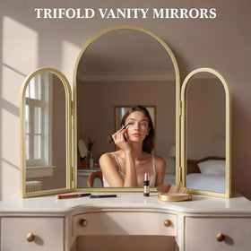 Wonderjune Trifold Vanity Mirror gold mounted on wall