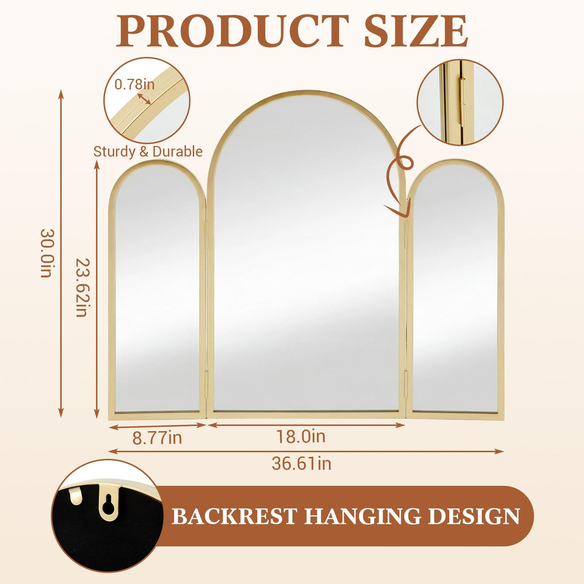Wonderjune Trifold Vanity Mirror gold side view