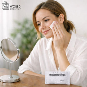 World Amenities Makeup Remover Wipes in a travel bag