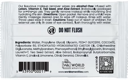 World Amenities Makeup Remover Wipes on a bathroom counter