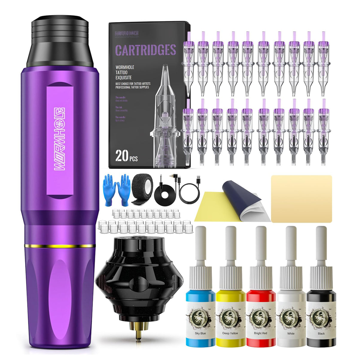 Wormhole Tattoo Wireless Machine Kit purple and black front view
