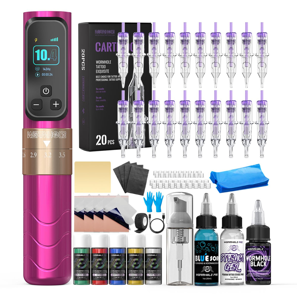 Wormhole Tattoo Wireless Tattoo Gun Kit front view with adjustable rotary pen