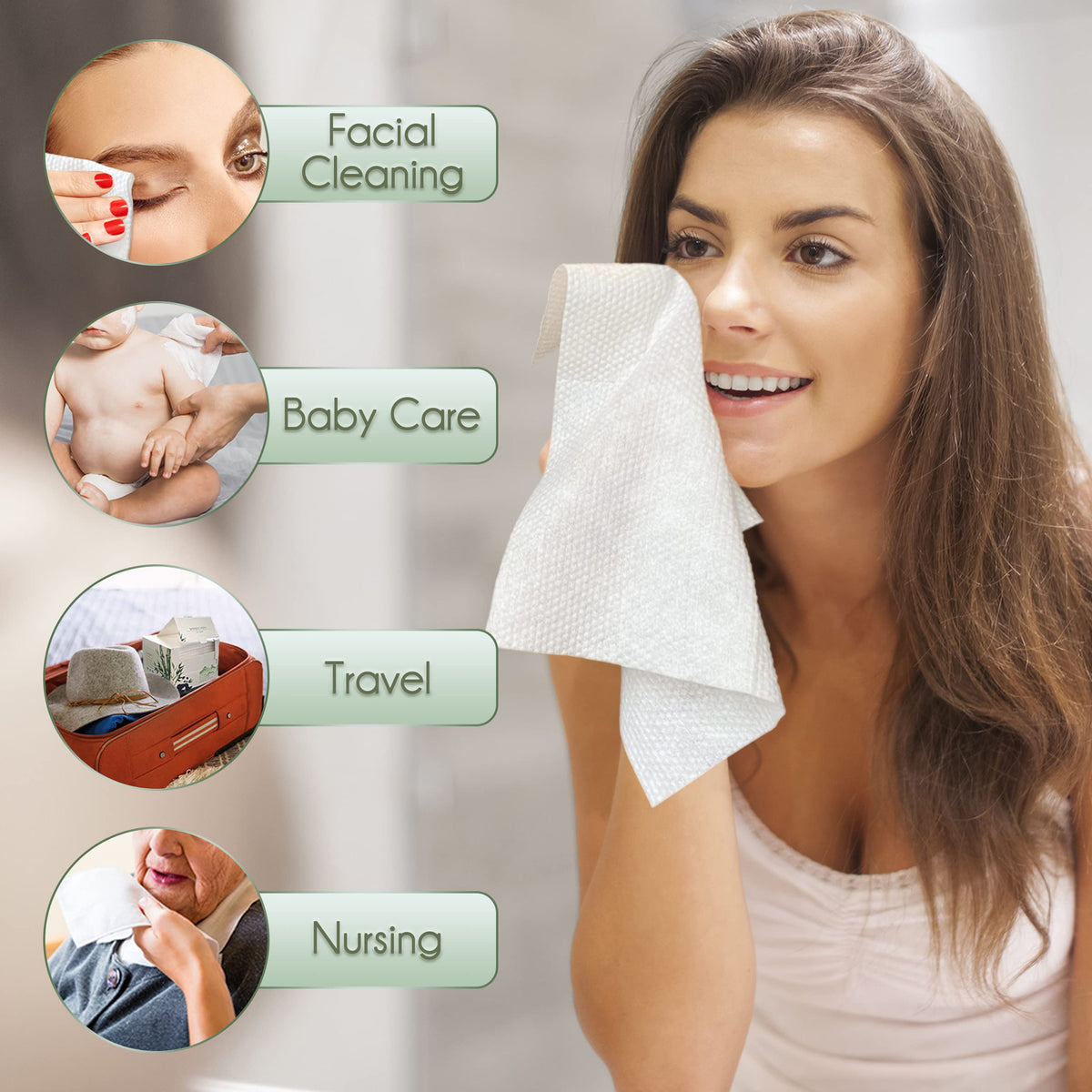 WOWOTEX Bamboo Viscose Disposable Face Towels in a travel setting