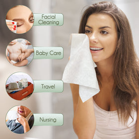 WOWOTEX Bamboo Viscose Disposable Face Towels in a travel setting