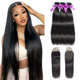 WOWQUEEN Straight Bundles with Closure 18 20 22 inch front view