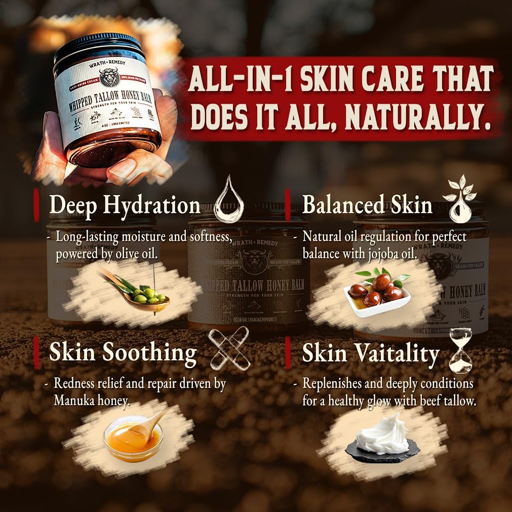 Wrath & Remedy Organic Beef Tallow Whipped Honey Balm with ingredients