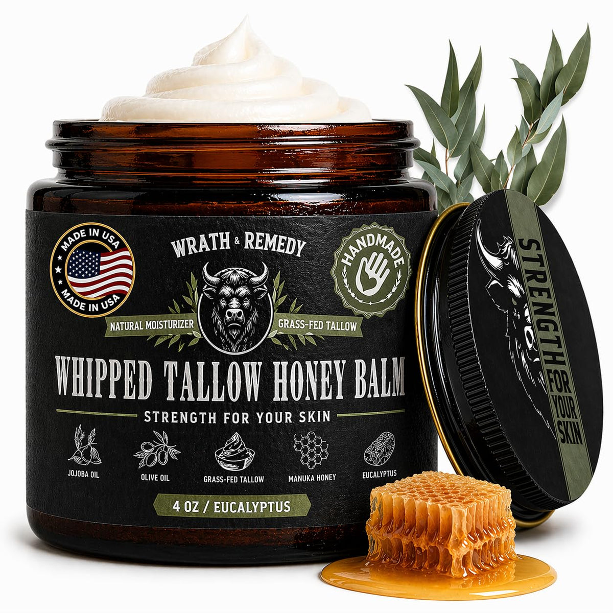 Wrath & Remedy Whipped Honey Balm 4 OZ front view with eucalyptus scent