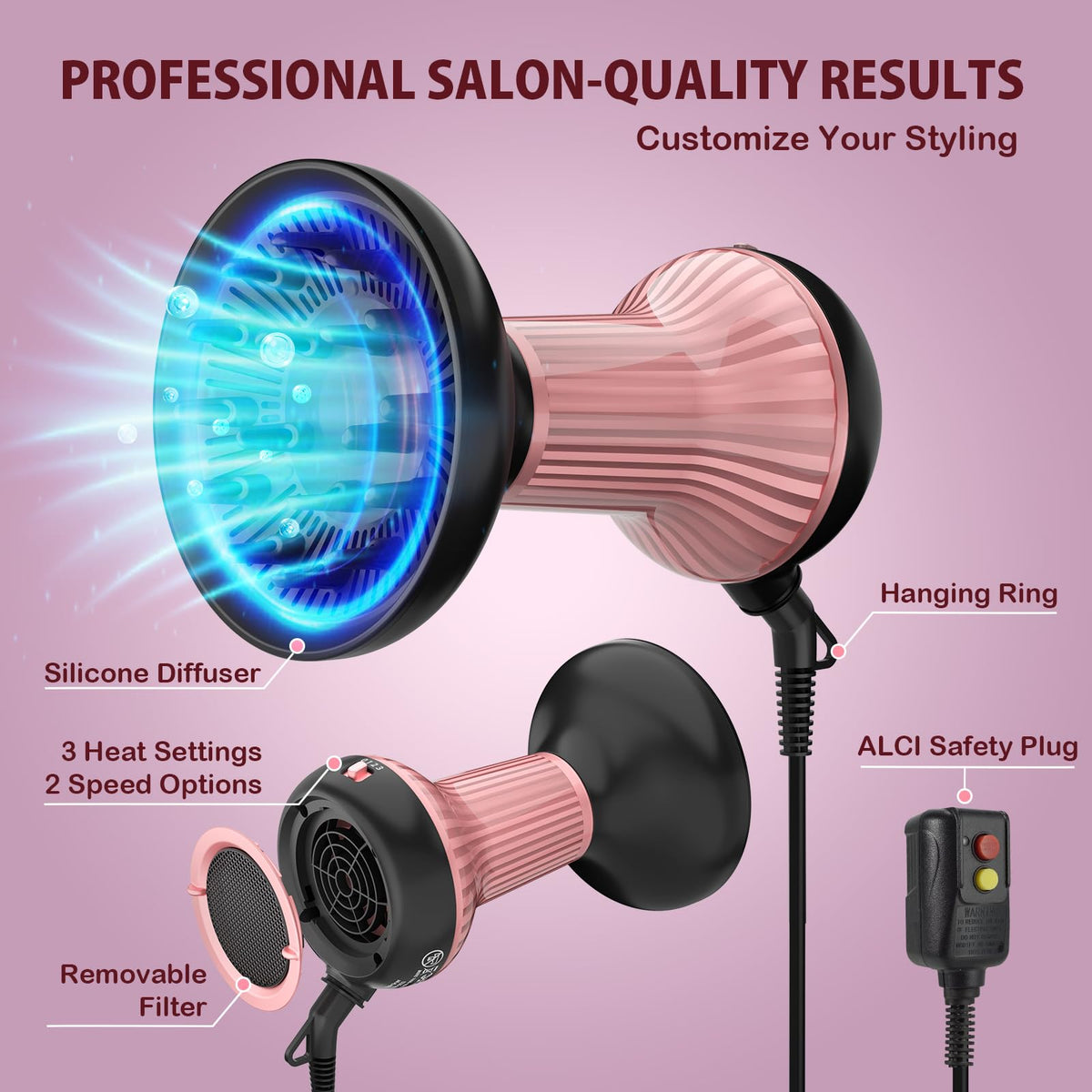 WUFAYHD Diffuser Hair Dryer with power cord laid out