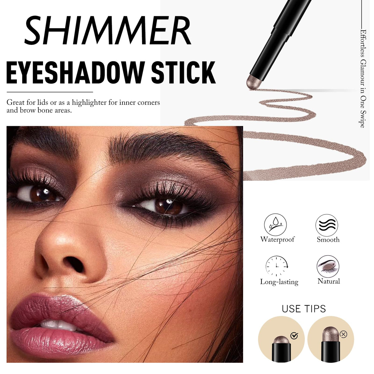 Wugbc Taupe Shimmer Eyeshadow Stick applied on eyelid