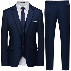 WULFUL Men's 3 Piece Slim Fit Suit Set navy front view
