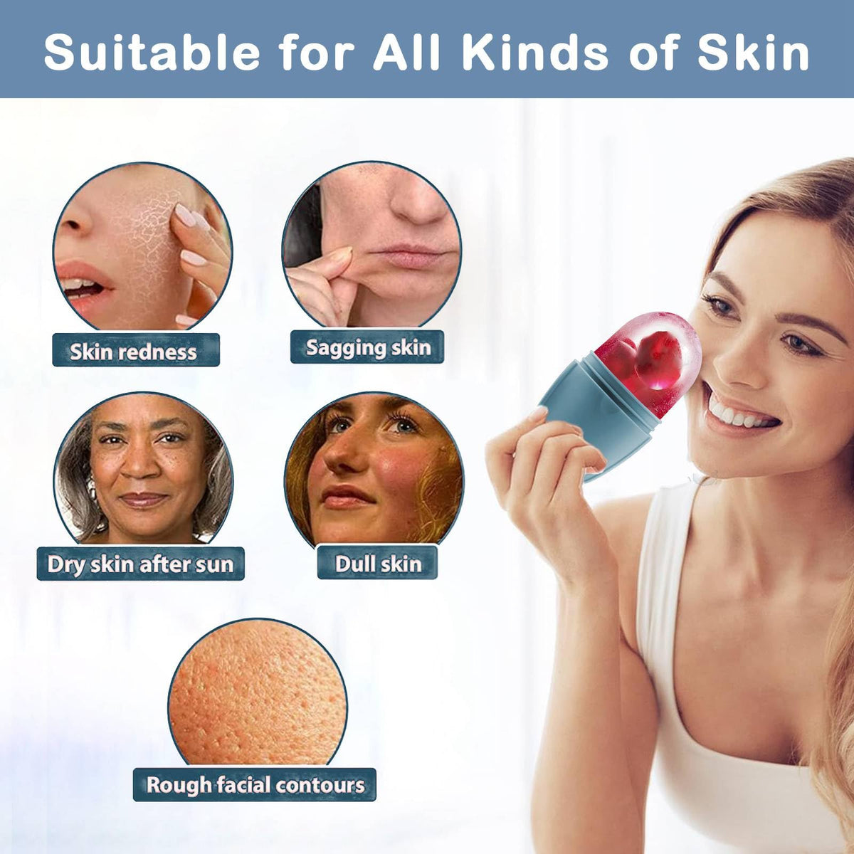 XHJRI Ice Face Roller Massager in use on a woman's face