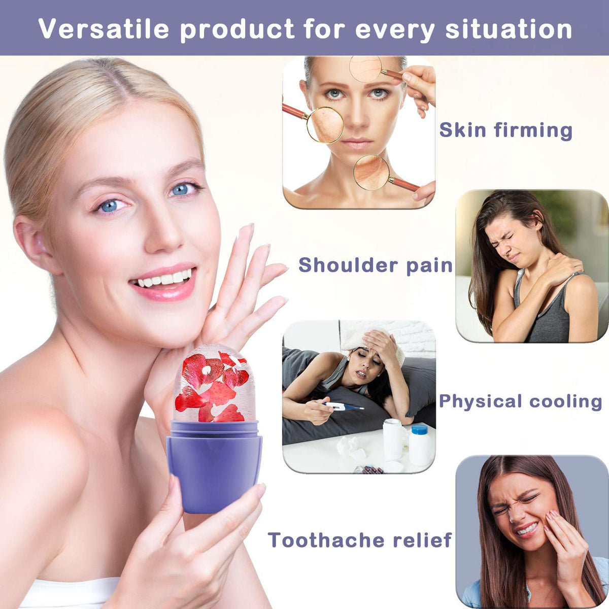 XHJRI Ice Face Roller Massager purple with ingredients